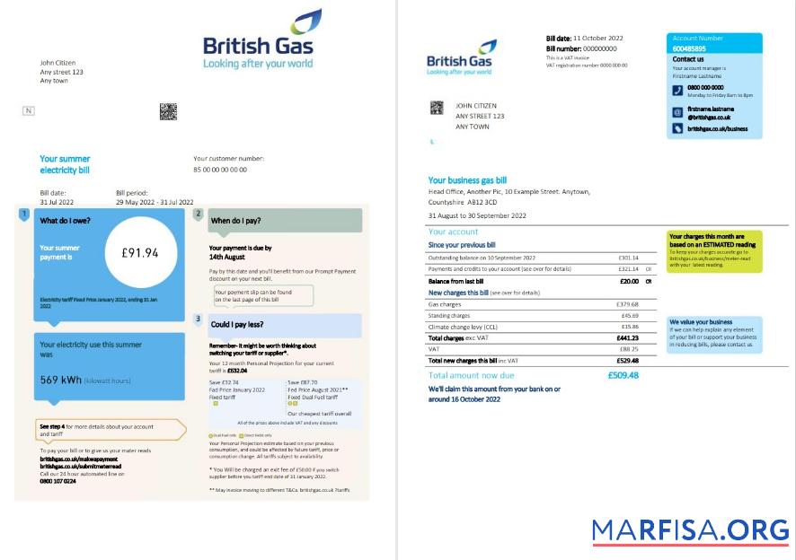Blank United Kingdom British Gas bill, Word and PDF template, 2 pages